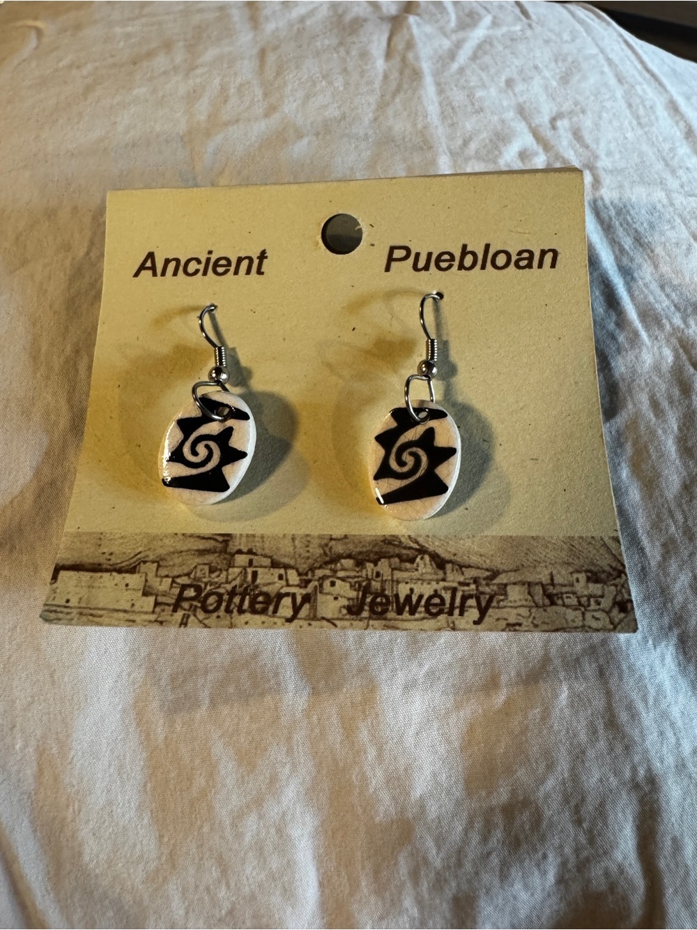 Ancient Puebloan Black and White Signed Spiral Pottery Earrings